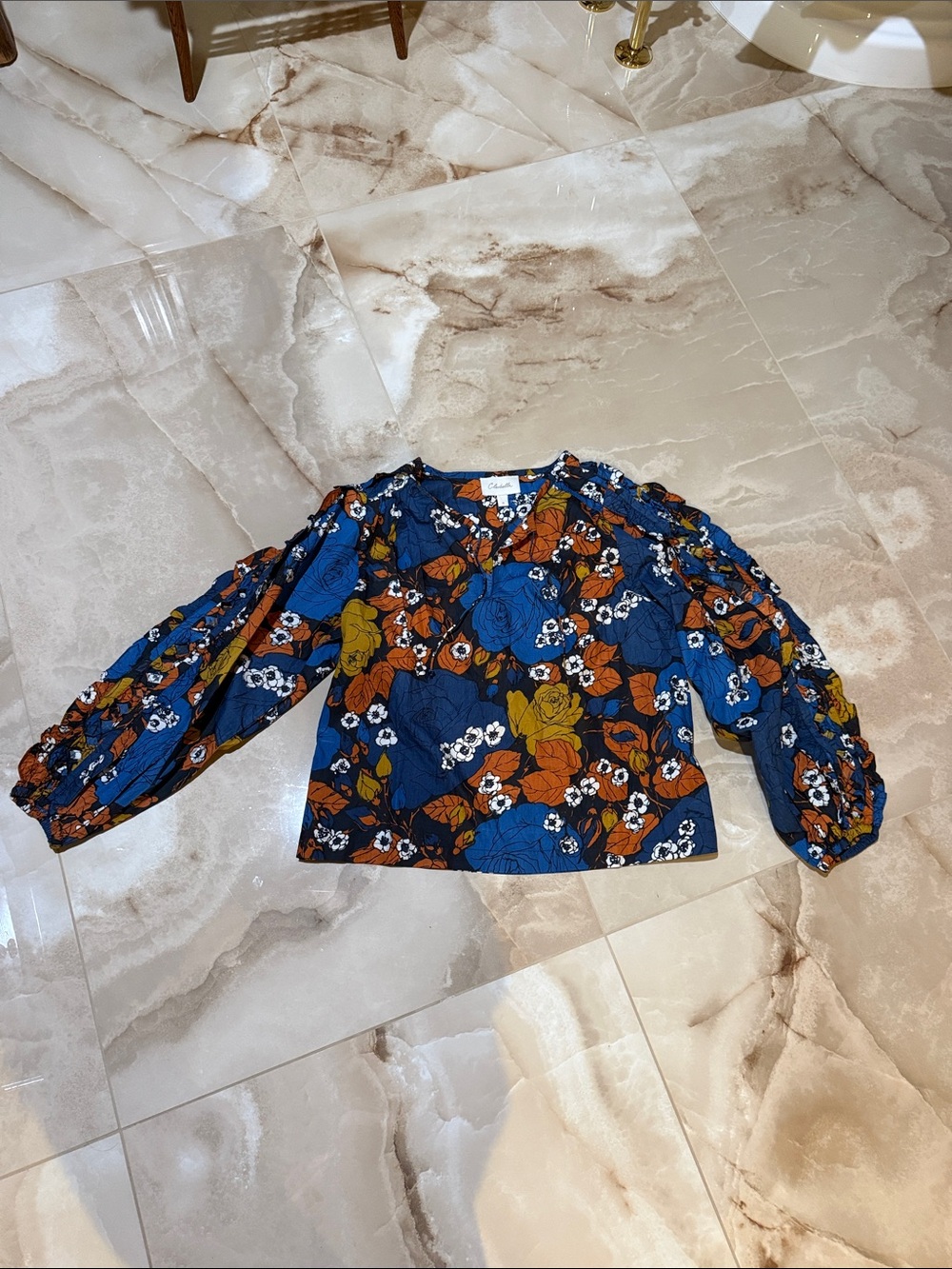 Women’s Cleobella Floral Puff-Sleeve Top - Blue & Orange